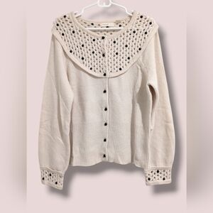 Anthropologie Cream Wool Cashmere Blend Black Pearl Sweater Cottagecore Grandma